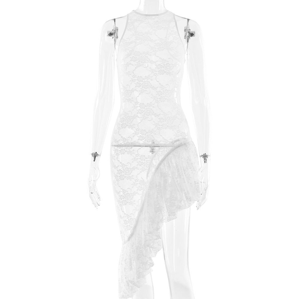 High Neck Sleeveless Sheer Floral Lace Ruffle Flounce High Slit Maxi Dress