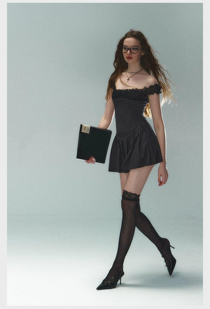 Pinstripe Lace-Trim Mini Dress - Women'S Cap Sleeve Square Neck Fit And Flare Cocktail Dress