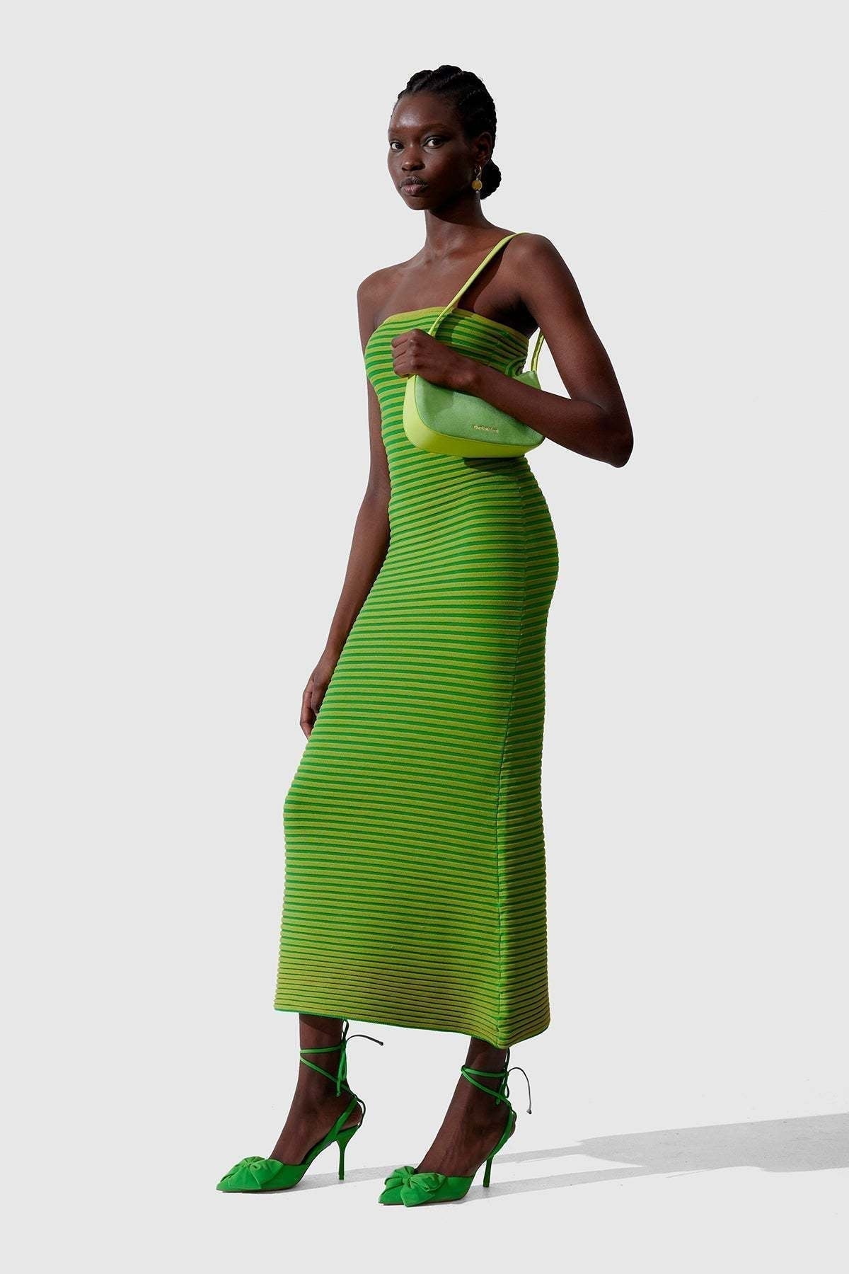 Striped Knit Strapless Bandeau Bodycon Maxi Dress