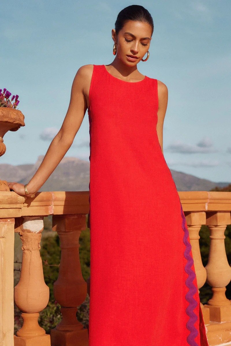 Round Neck Sleeveless Scalloped Side Panel A-Line Midi Dress