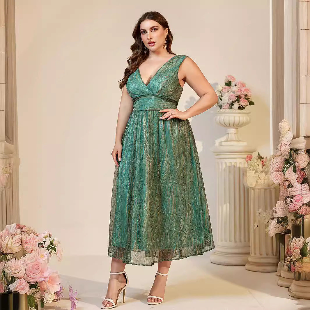 Deep V Neck Wrap Bodice Gathered Waist Shimmer Pleated Midi Dress