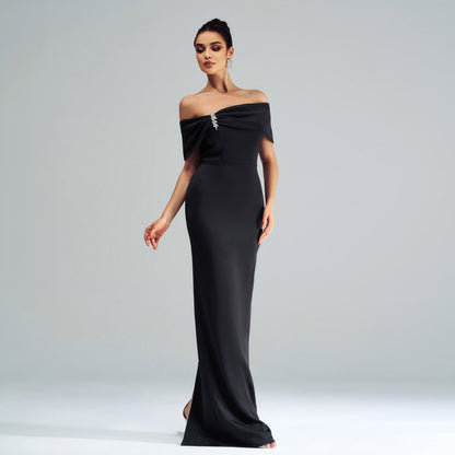 Off Shoulder Foldover Brooch Trim Column Floor Length Gown