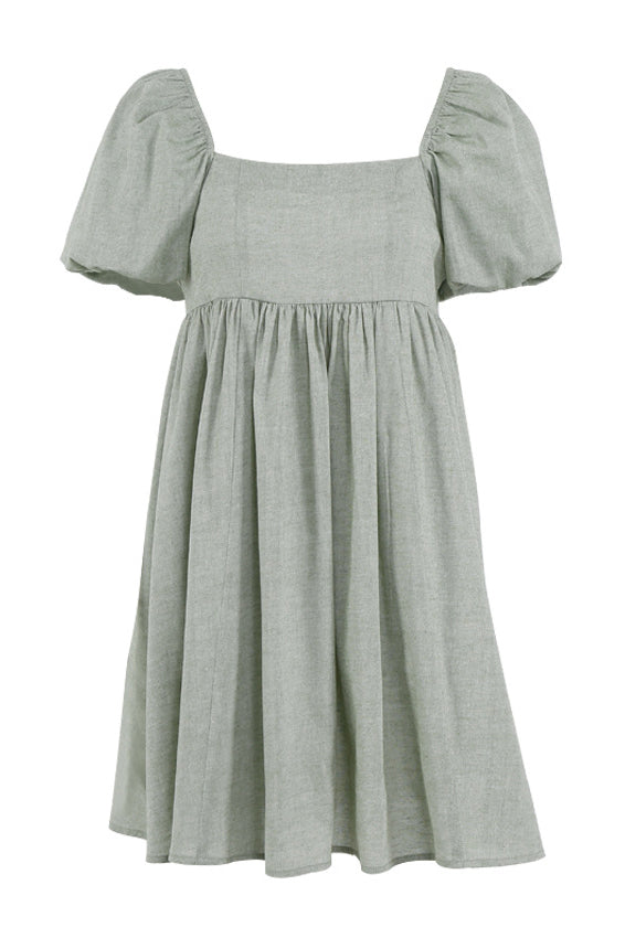 Green Square Neck Puff Sleeve Linen Babydoll Mini Dress 2