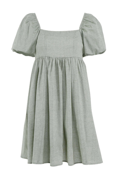 Green Square Neck Puff Sleeve Linen Babydoll Mini Dress 2