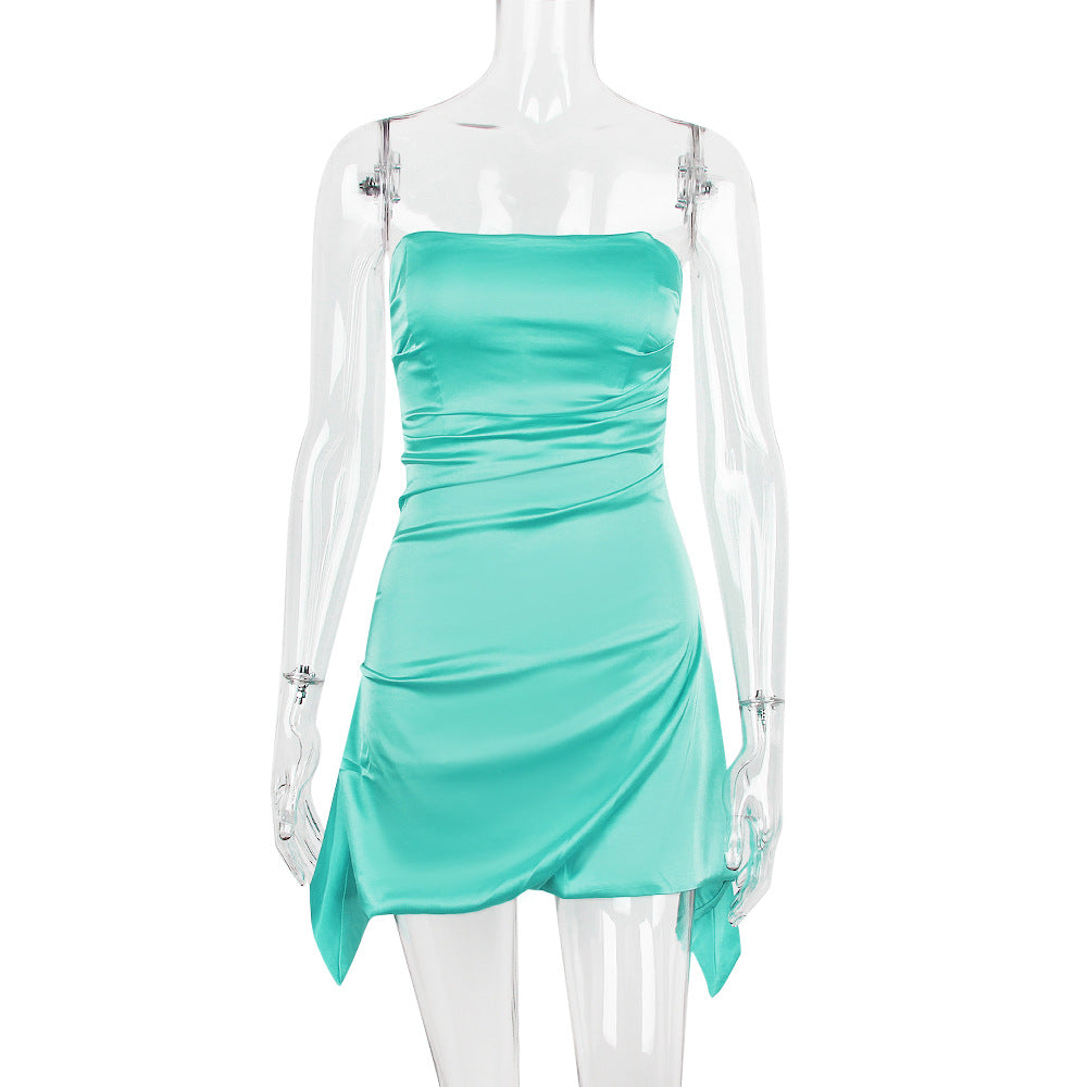 Strapless Ruched Side Cascade Panel Satin Mini Dress