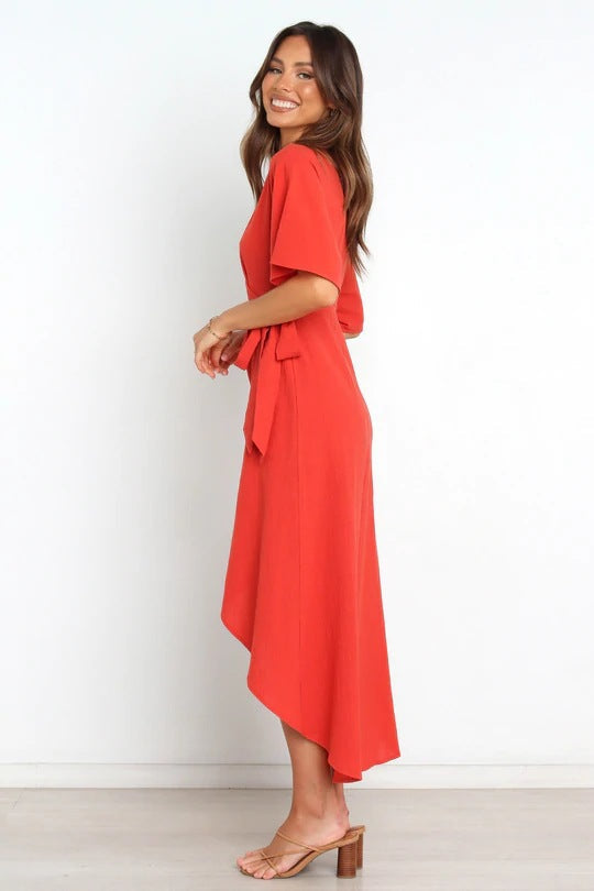 Deep V-Neck Flutter Sleeve Wrap Tie Waist High Low Hem Midi Dress