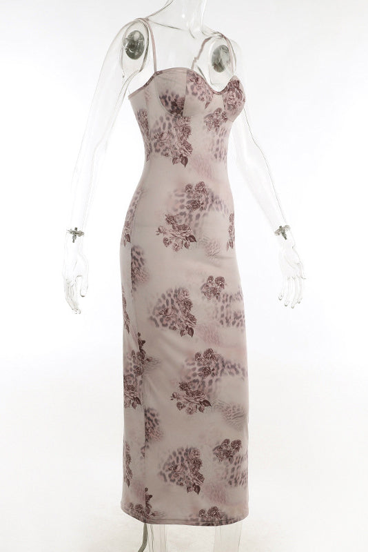 Sweetheart Bodycon Lace Mesh Sleeveless Printed Maxi Dress