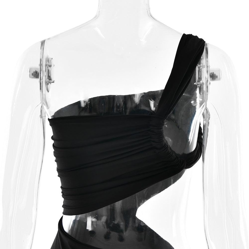 One Shoulder Triangular Cutout Ruched Hip Twist Drape Maxi Dress