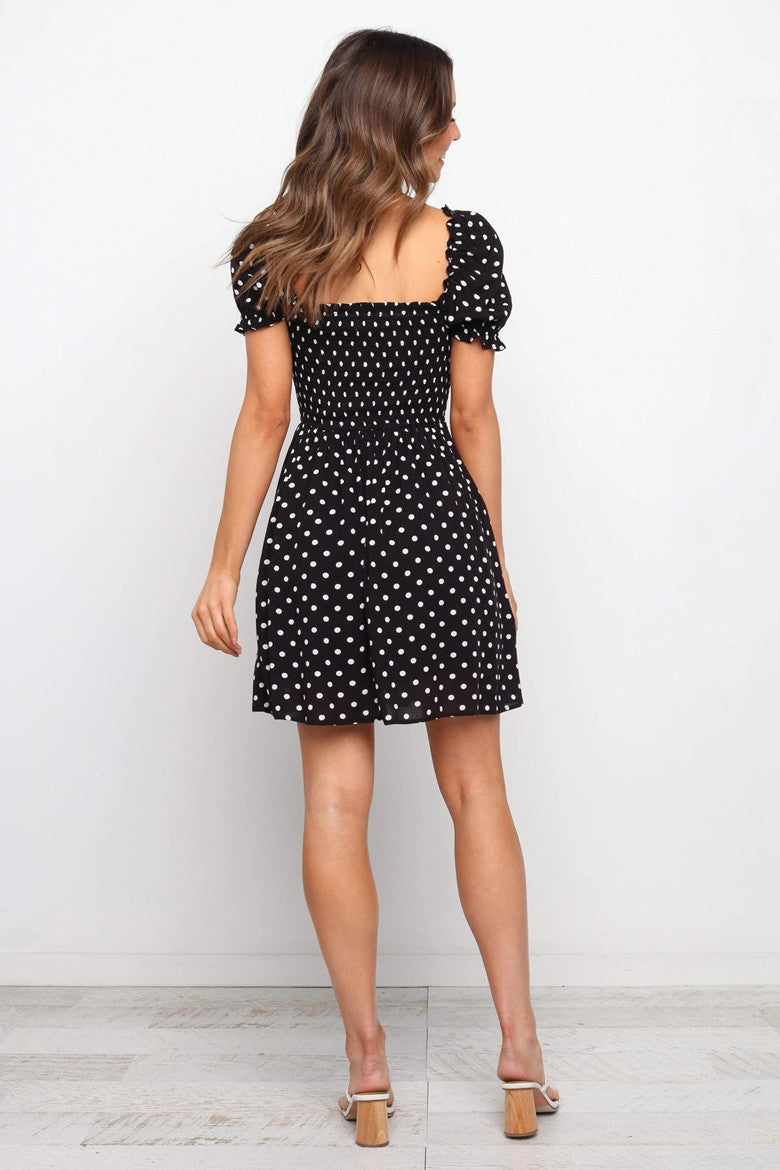 Square Neck Smocked Puff Sleeve Polka Dot Mini Dress