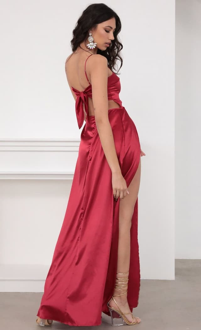 Square Neck Spaghetti Strap Satin Thigh Slit Column Maxi Gown