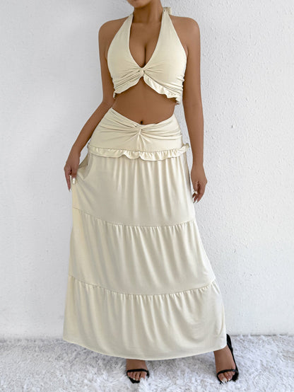 Halter Neck Two Piece Low Waist Hem Hip Long Skirt