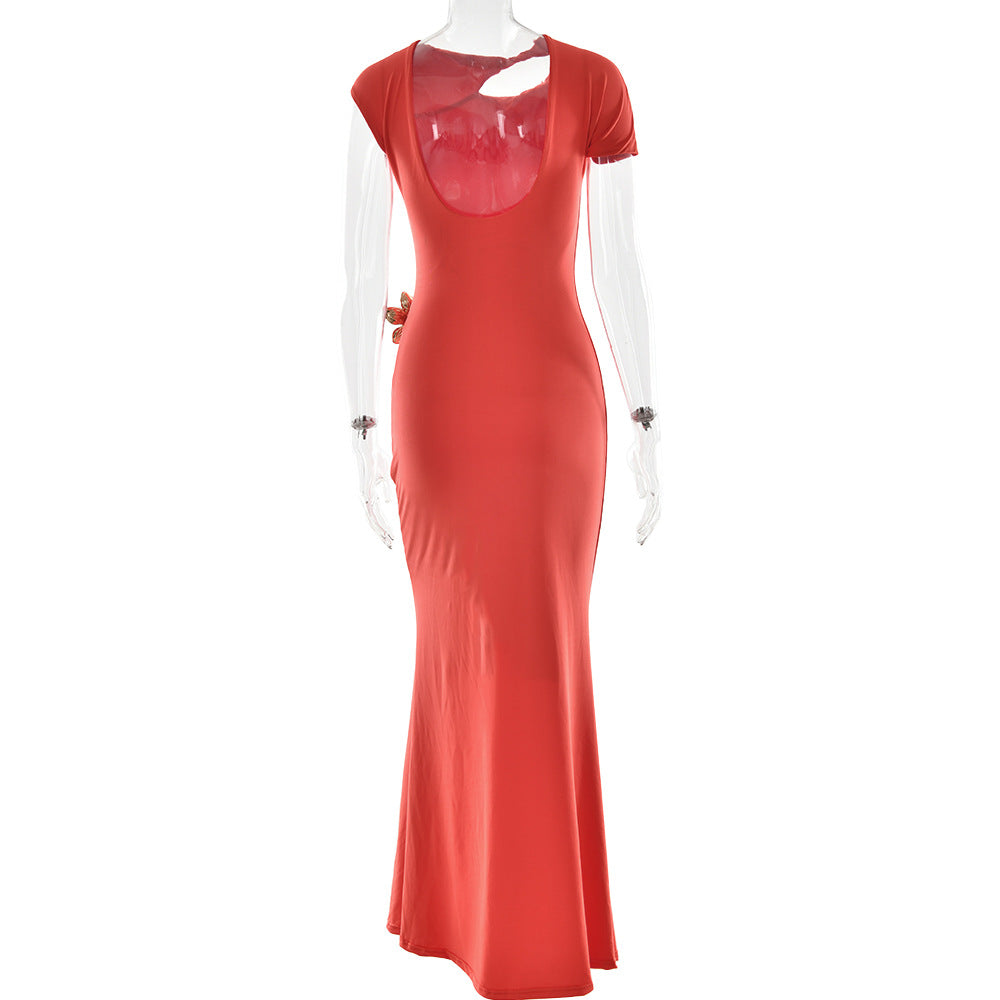 One Shoulder Cap Sleeve Cutout Ruched Maxi Dress with Buckle