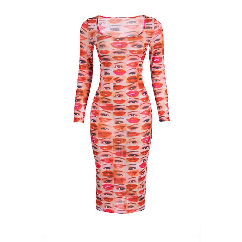 Scoop Neck Face Collage Graphic Sheer Mesh Long Sleeve Midi Dress