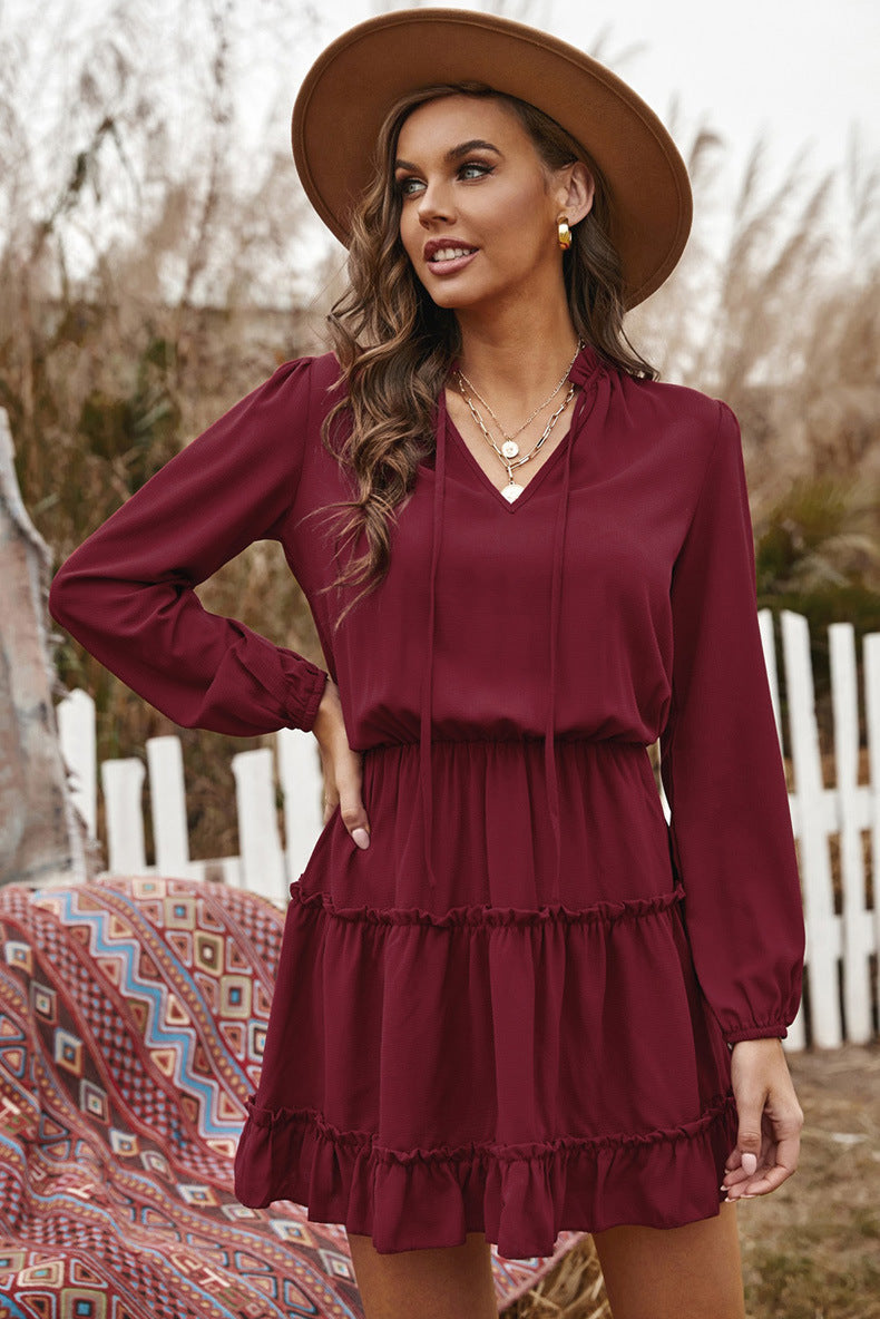 Mock Neck Ruffle Trim Shift Midi Dress