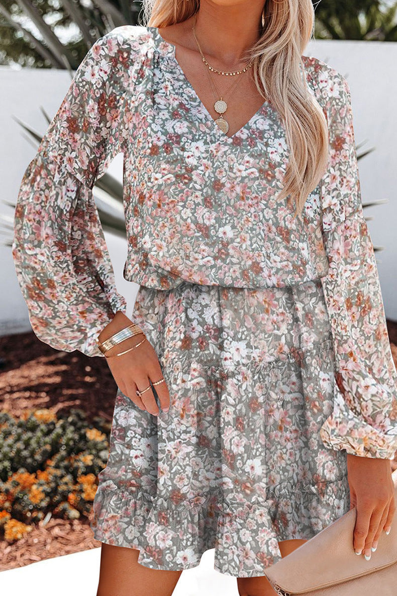 Deep V Balloon Sleeve Tiered Ruffle Ditsy Floral Mini Dress