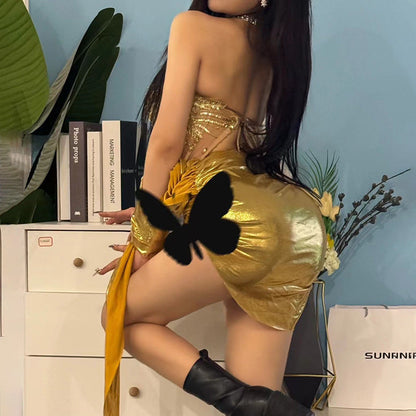 Strapless Fringe Corset Top Draped High Slit Sequin Mini Skirt Set