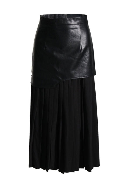 Pu leather stitching pleated skirt