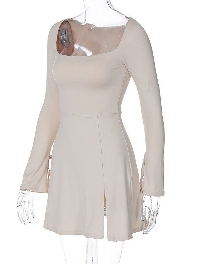 Square Neck Long Sleeve Tie Cuff Slit Knit Mini Dress