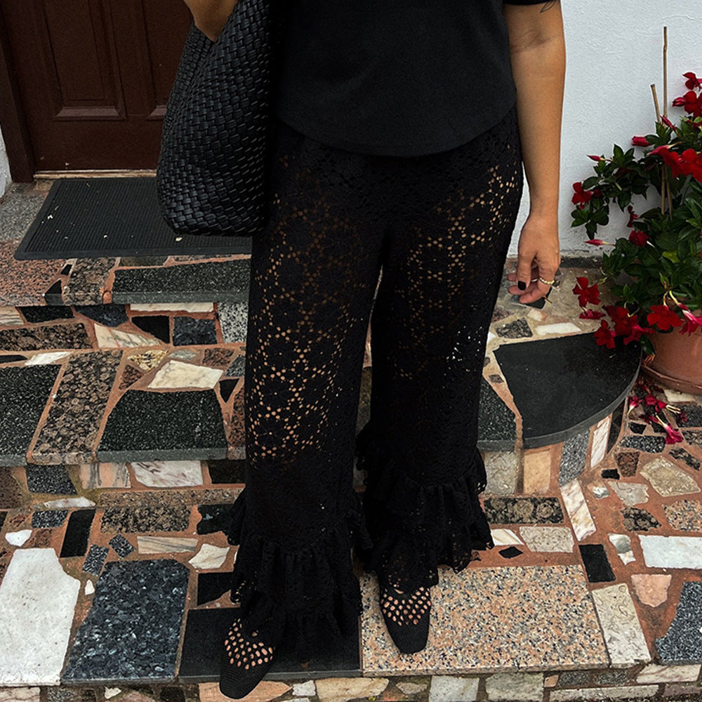 autumn and winter fashion sexy lace see-through trousers new style spliced ruffled versatile straight pants
