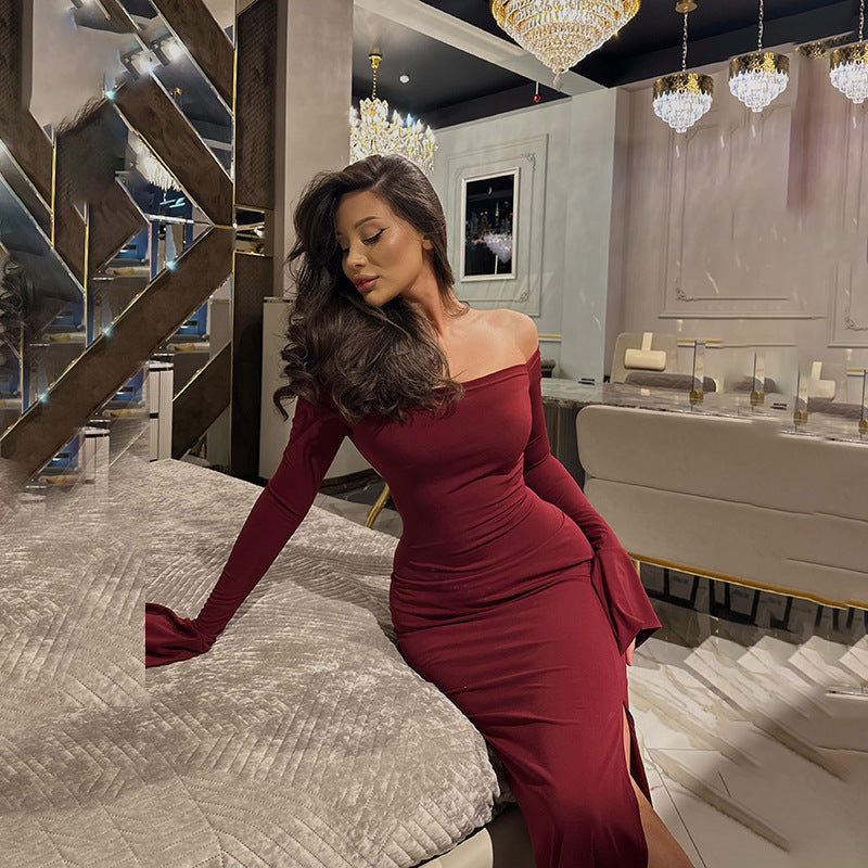 Off Shoulder Long Sleeve High Slit Bodycon Maxi Gown