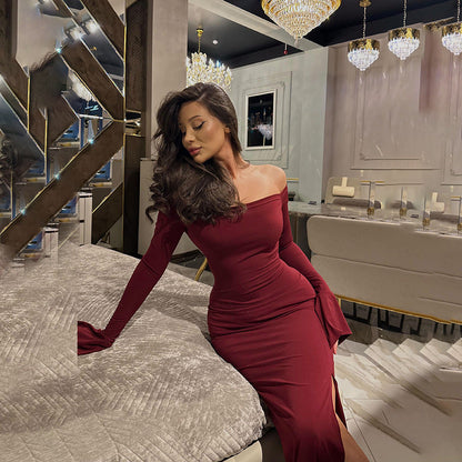 Off Shoulder Long Sleeve High Slit Bodycon Maxi Gown