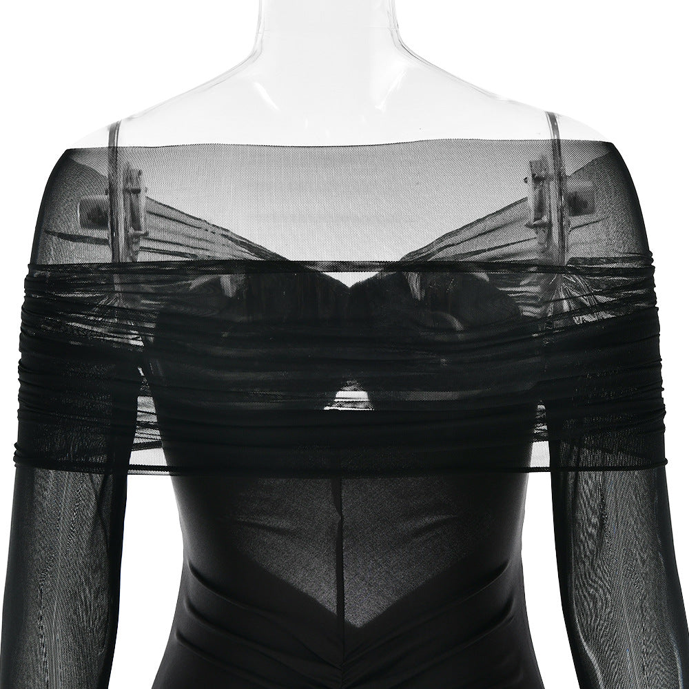 Off Shoulder Mesh Sleeve Diamond Cutout Ruched Column Maxi Gown