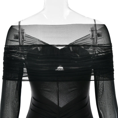 Off Shoulder Mesh Sleeve Diamond Cutout Ruched Column Maxi Gown
