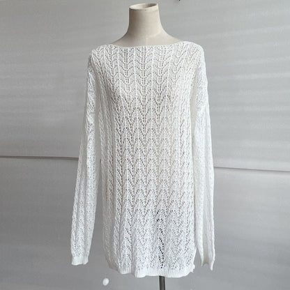 Boat Neck Long Sleeve Open Knit Chevron Crochet Sheer Beach Cover Up Dress