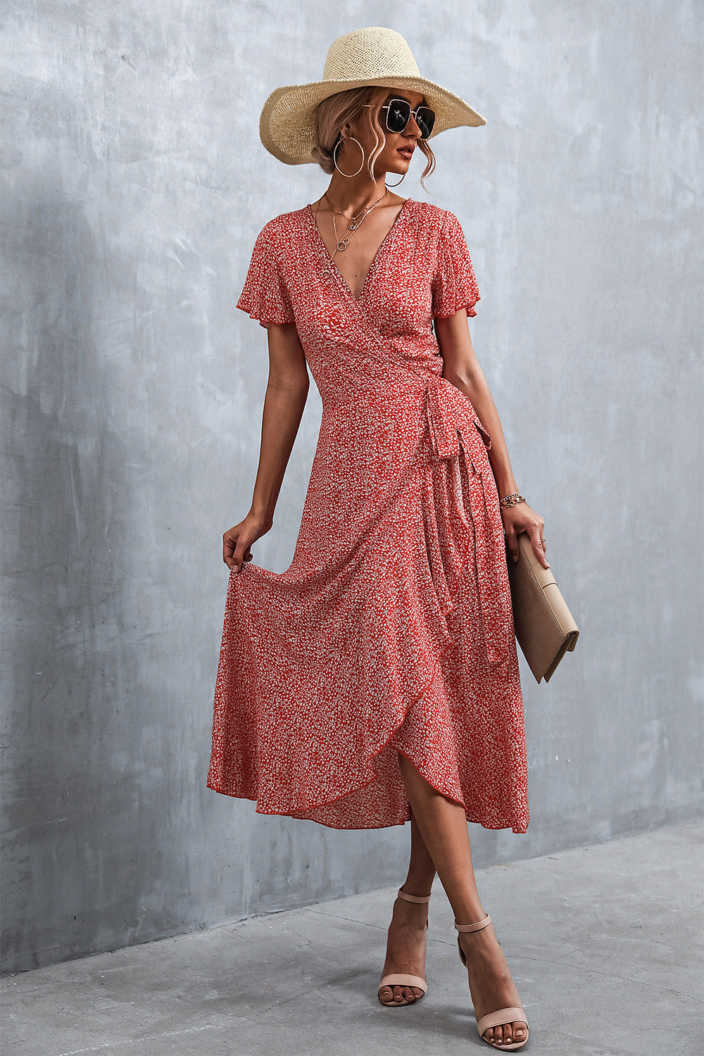 Deep V Neck Flutter Sleeve Wrap Tie Ditsy Floral High Low Midi Dress