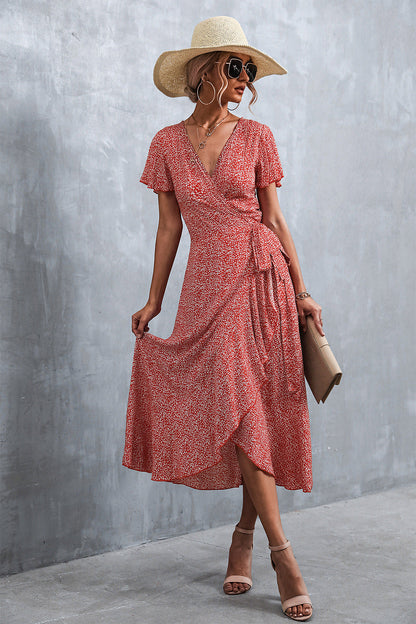 Deep V Neck Flutter Sleeve Wrap Tie Ditsy Floral High Low Midi Dress