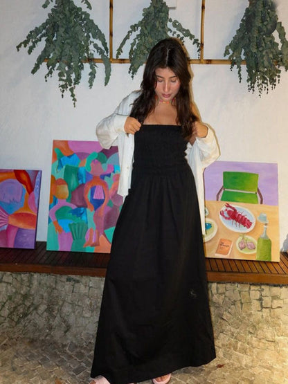 Strapless Shirred Smocked Bodice Flowy Maxi Dress