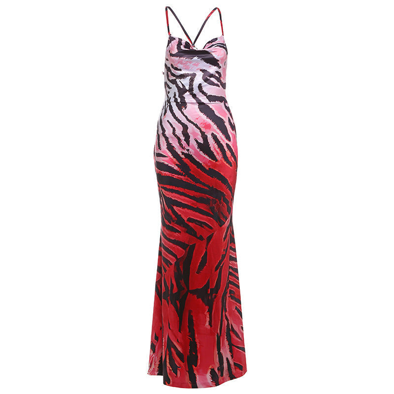 Gradient Stripe Print Cowl Neck Crisscross Tie Open Back Maxi Dress