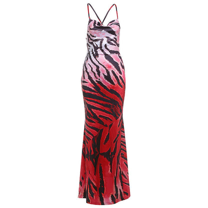 Gradient Stripe Print Cowl Neck Crisscross Tie Open Back Maxi Dress