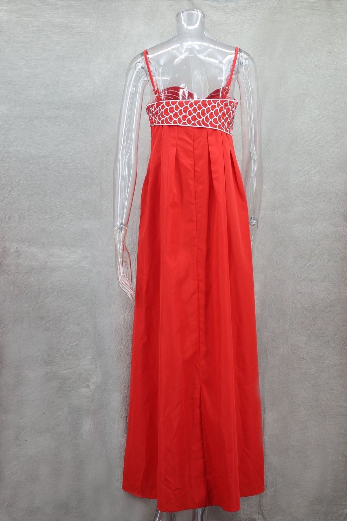 Spaghetti Strap Koi Fish Embroidered Pleated Maxi Dress