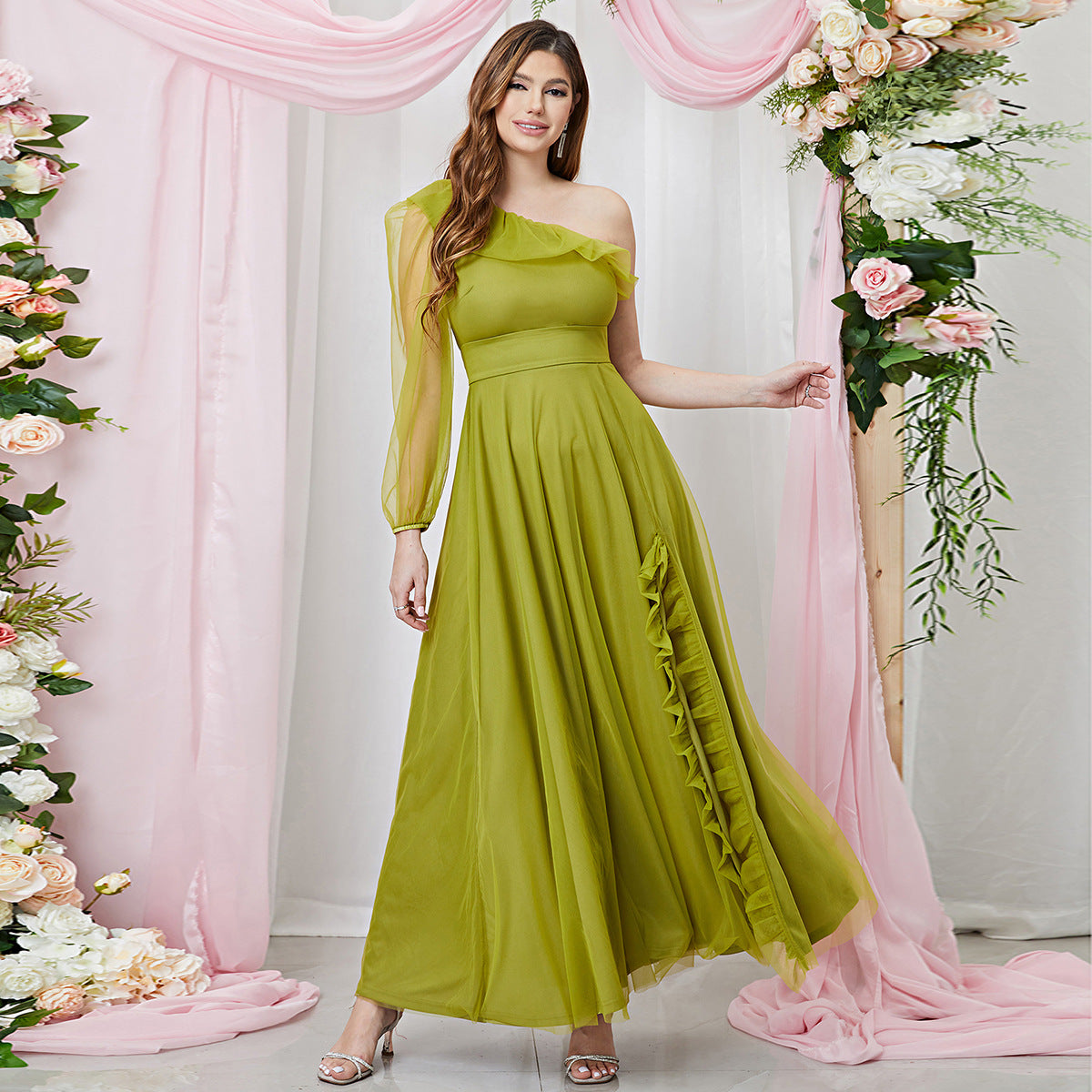 One Shoulder Ruffle Trim High Slit Chiffon Maxi Dress