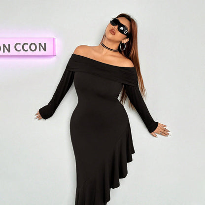 Off Shoulder Long Sleeve Asymmetrical Ruffle Hem Bodycon Midi Dress
