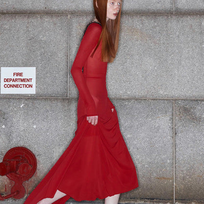 Mesh Long Sleeve Lace Up Open Back Maxi Dress