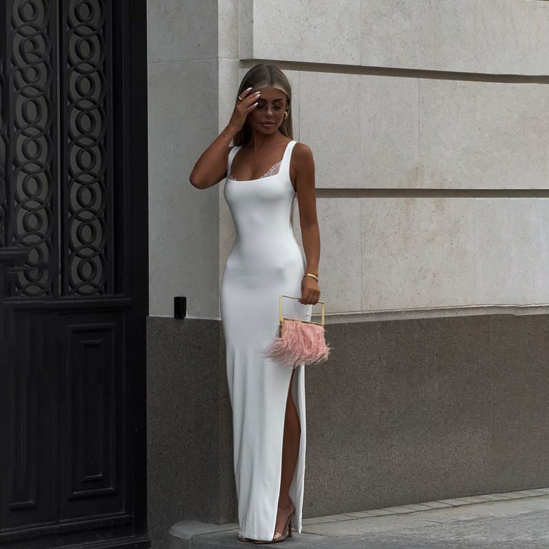 Square Neck Lace Trim High Slit Tank Bodycon Maxi Dress