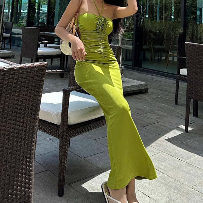 Halter Neck Floral Rosette Ruched Bodycon Maxi Dress