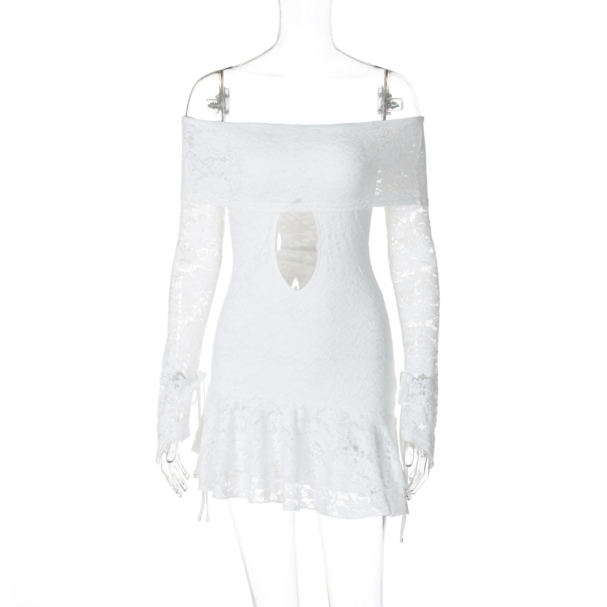 Off Shoulder Floral Lace Tie Cutout Mini Dress