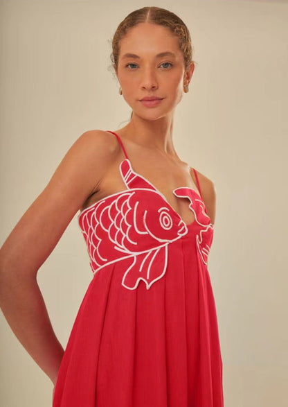 Spaghetti Strap Koi Fish Embroidered Pleated Maxi Dress
