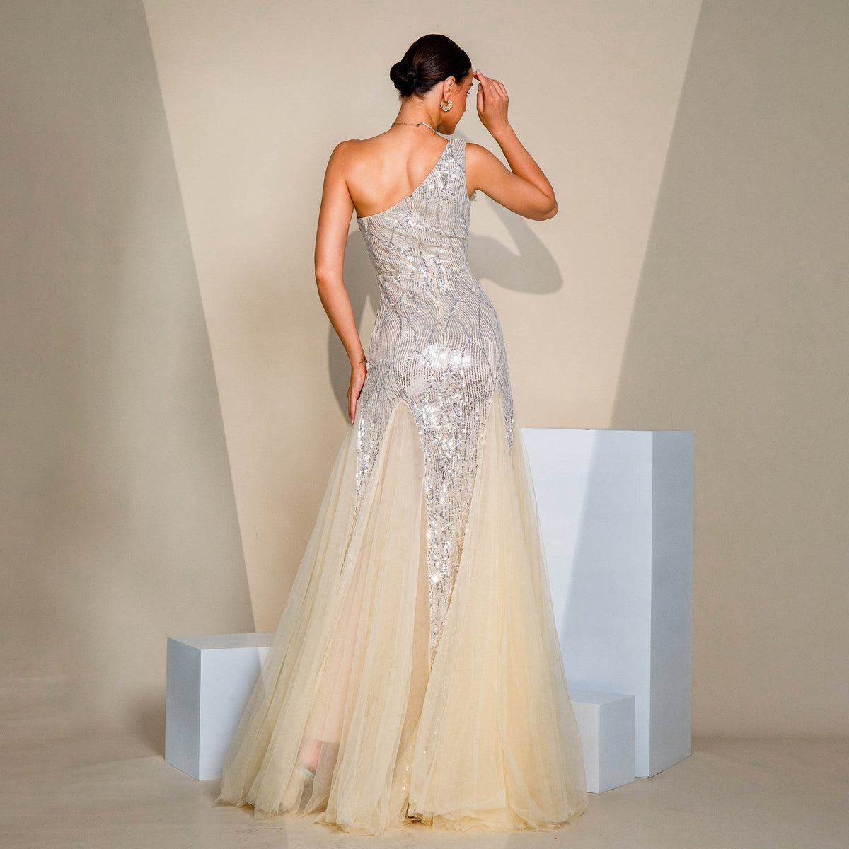 One Shoulder Rosette Applique Sequin Drop Waist Tulle Skirt Maxi Gown