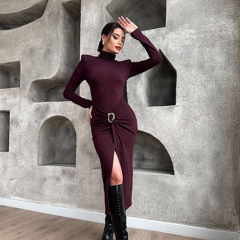 High Collar Long Sleeve Ruched Waist Slit Maxi Dress