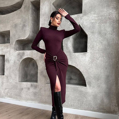 High Collar Long Sleeve Ruched Waist Slit Maxi Dress