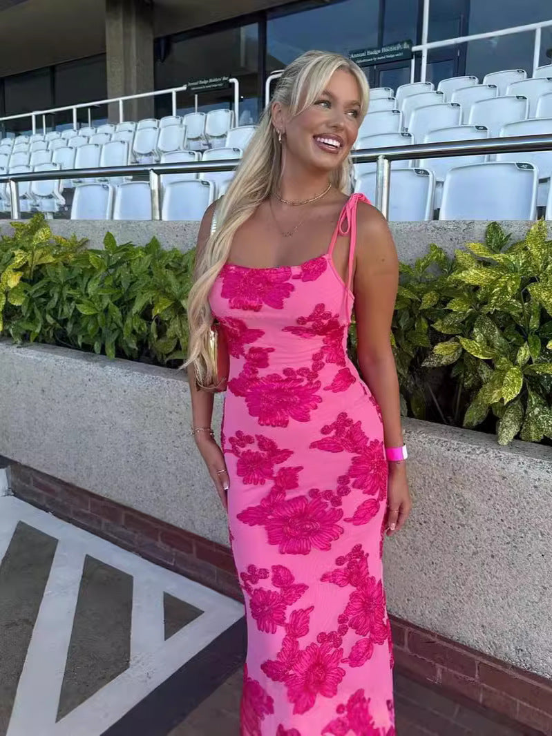 Floral Print Sweetheart Corset Lace Trim Spaghetti Strap Maxi Dress