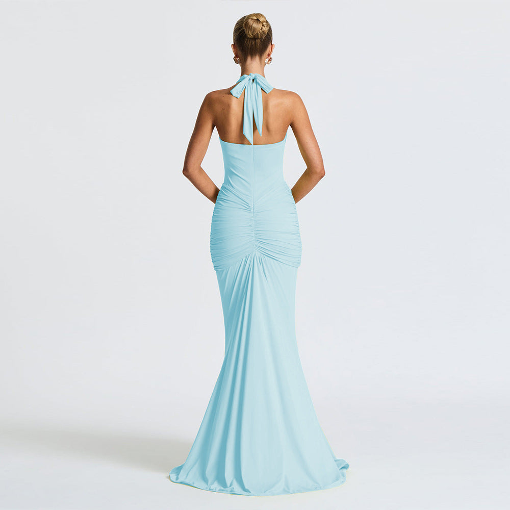 Halter Deep V Ruched Hip Gather Front Panel Drape Maxi Gown