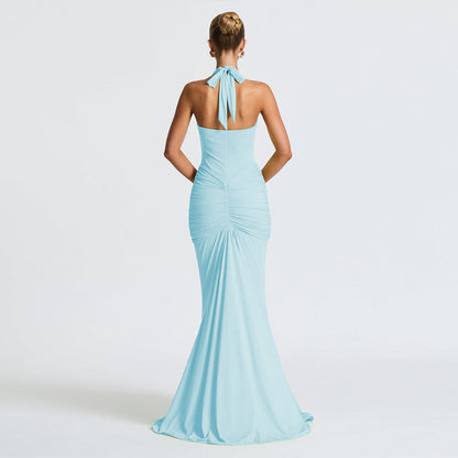 Halter Deep V Ruched Hip Gather Front Panel Drape Maxi Gown