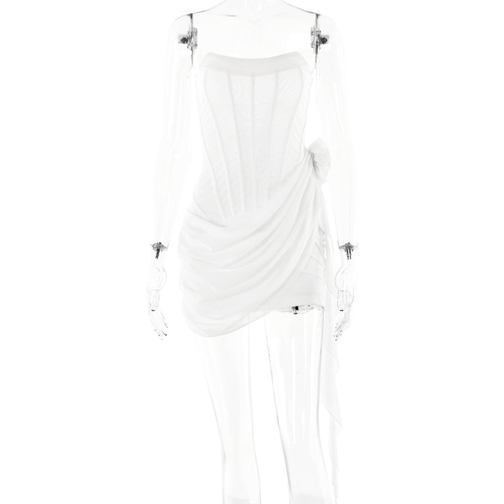 Strapless Corset Boned Draped Rosette Mini Dress
