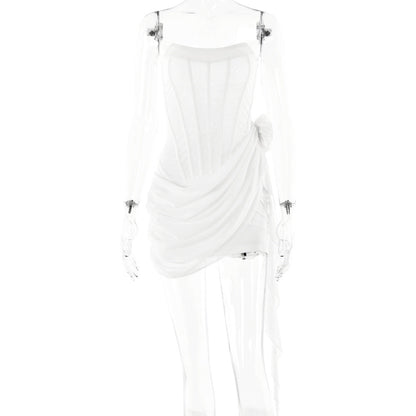 Strapless Corset Boned Draped Rosette Mini Dress
