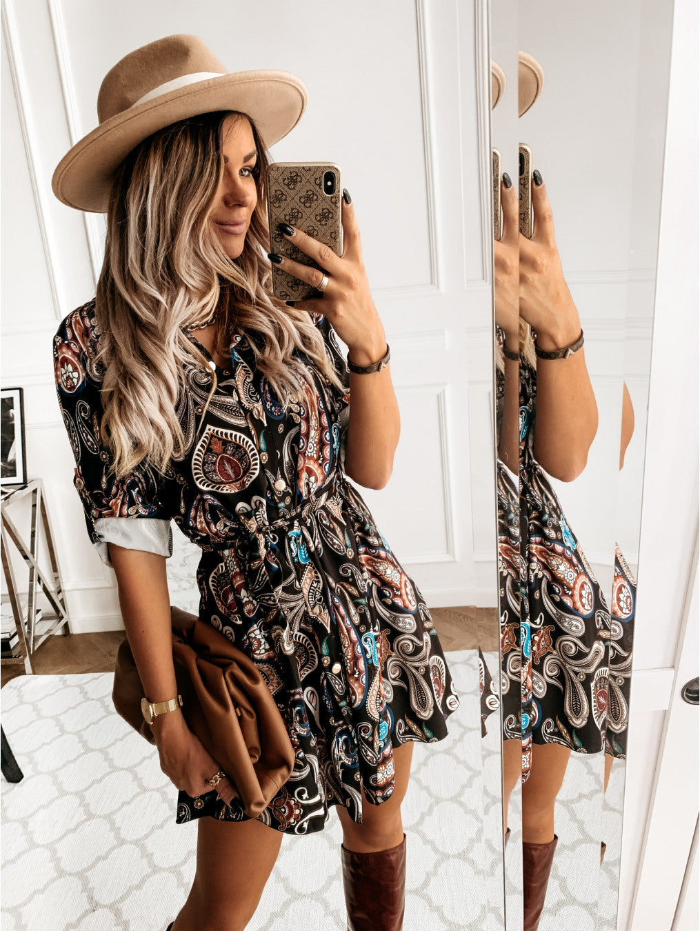 Collared Button Front Tie Waist Rolled Sleeve Paisley Print Shirt Dress